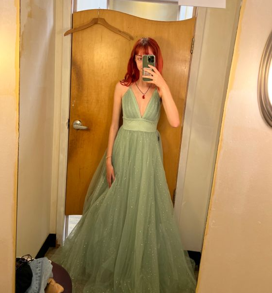 Glitter A-line V Neck Spaghetti Straps Prom Dress fg4188