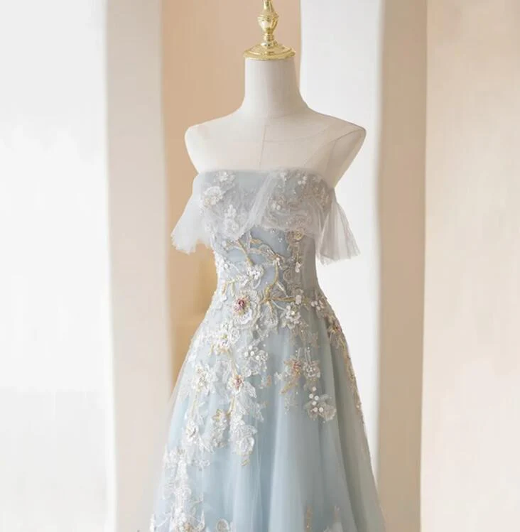 Light Blue Prom Dresses Fairy,Long Blue Tulle Floral Appliques Formal Dresses fg5691