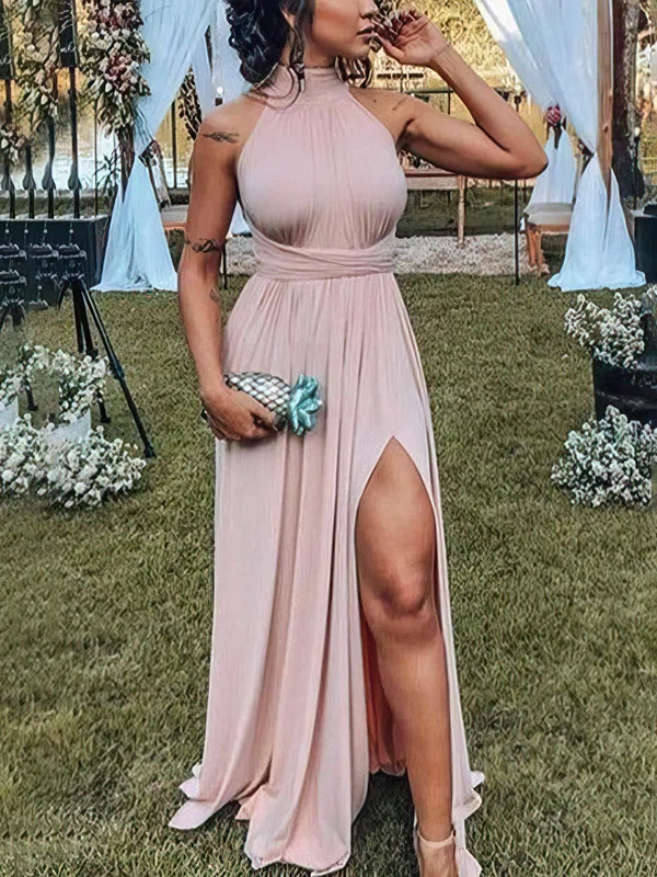 A-Line High Neck Sleeveless Floor-Length Blush Prom Dress cg20319