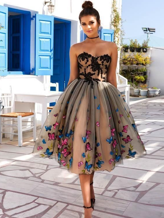 Black and Champagne Tulle Short Prom Dresses Sweetheart Butterflies Applique Homecoming Party Gowns Tea Length fg3816