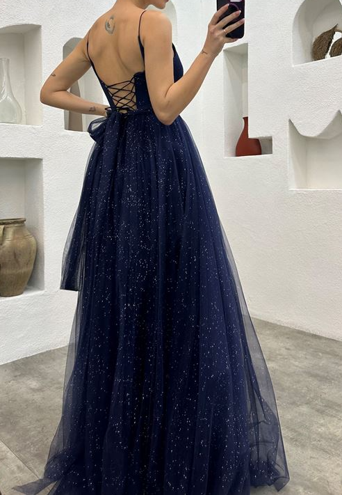 Spaghetti Straps Navy Blue V-neck A-line Long Fashion Prom Dresses fg4712