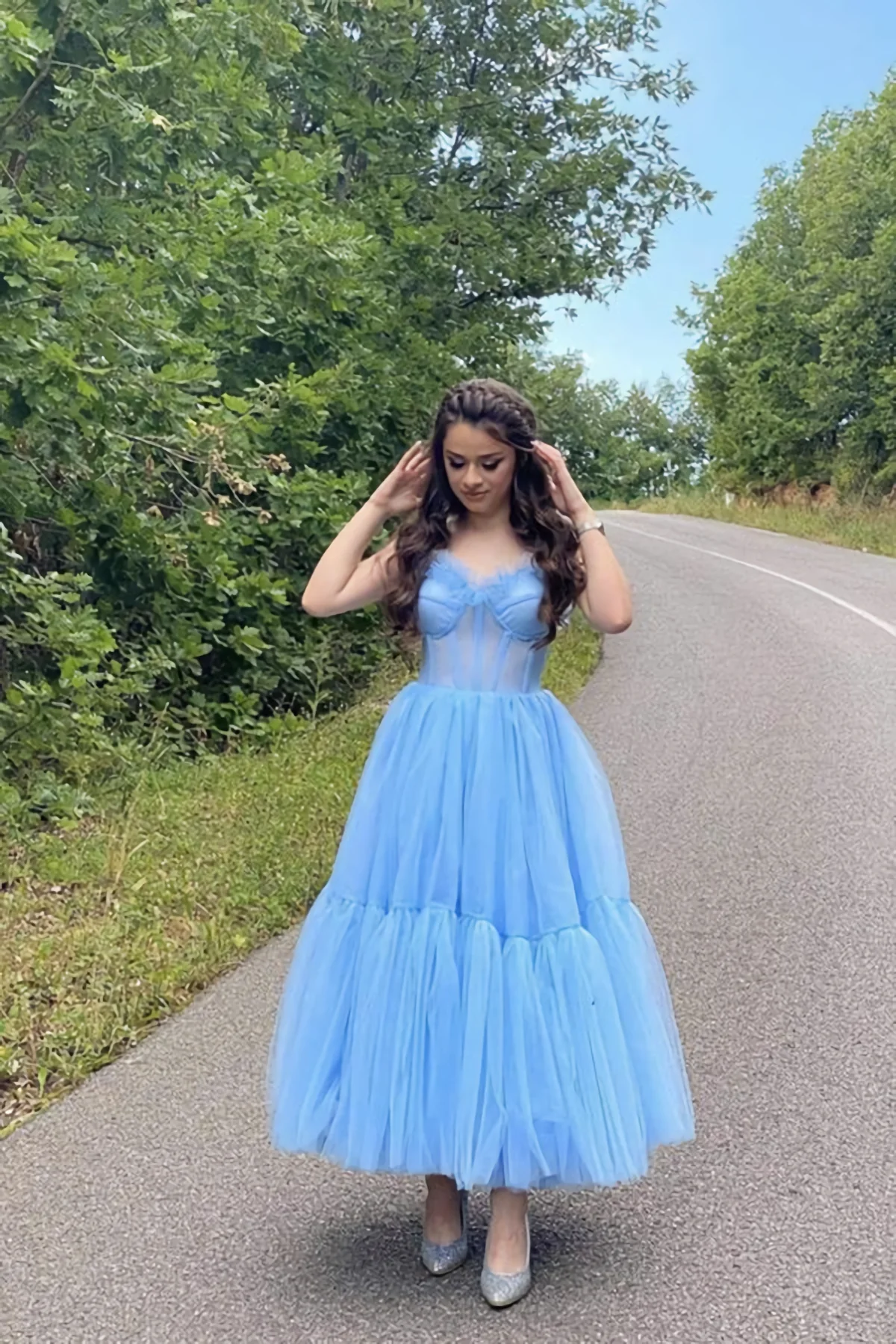 Sky Blue Straps Tulle A Line Prom Dress Sweetheart Homecoming Dresses fg3815