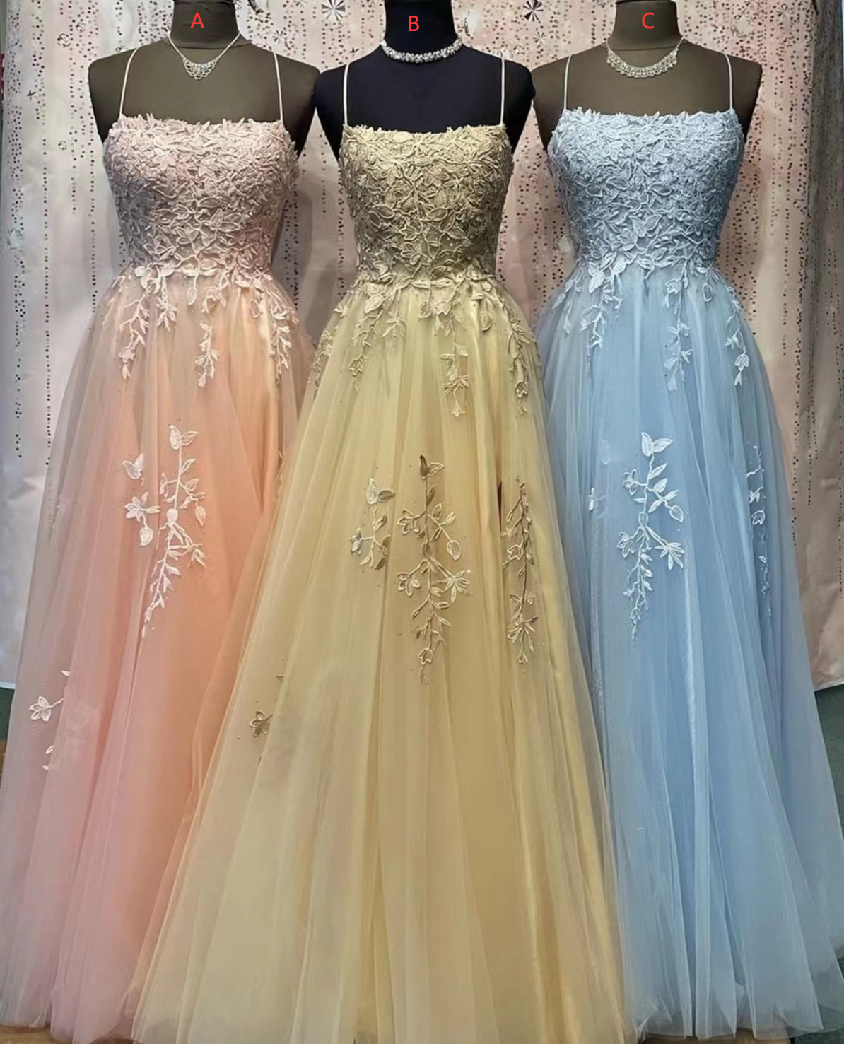 Spaghetti Strap Prom Dress, Elegant Prom Dresses, Lace Applique Prom Dresses fg4514