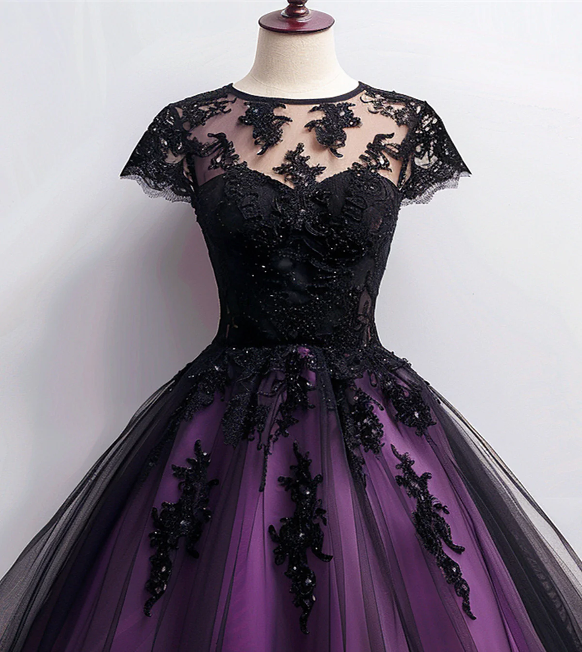 Cute Black And Purple Tulle Short Sleeves Party Dress, Tulle Short Homecoming Dress cg25018