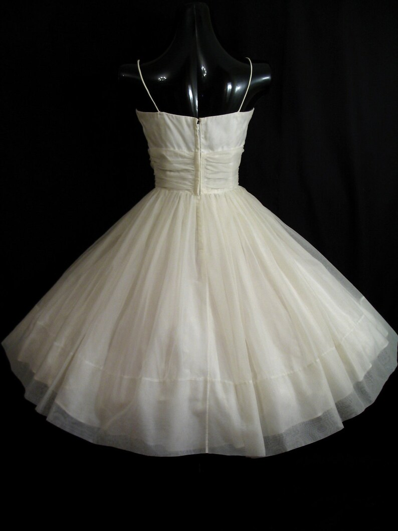 Vintage 1950's 50s White Ruched Chiffon Organza Party Prom Wedding Bridal Dress Gown fg5822