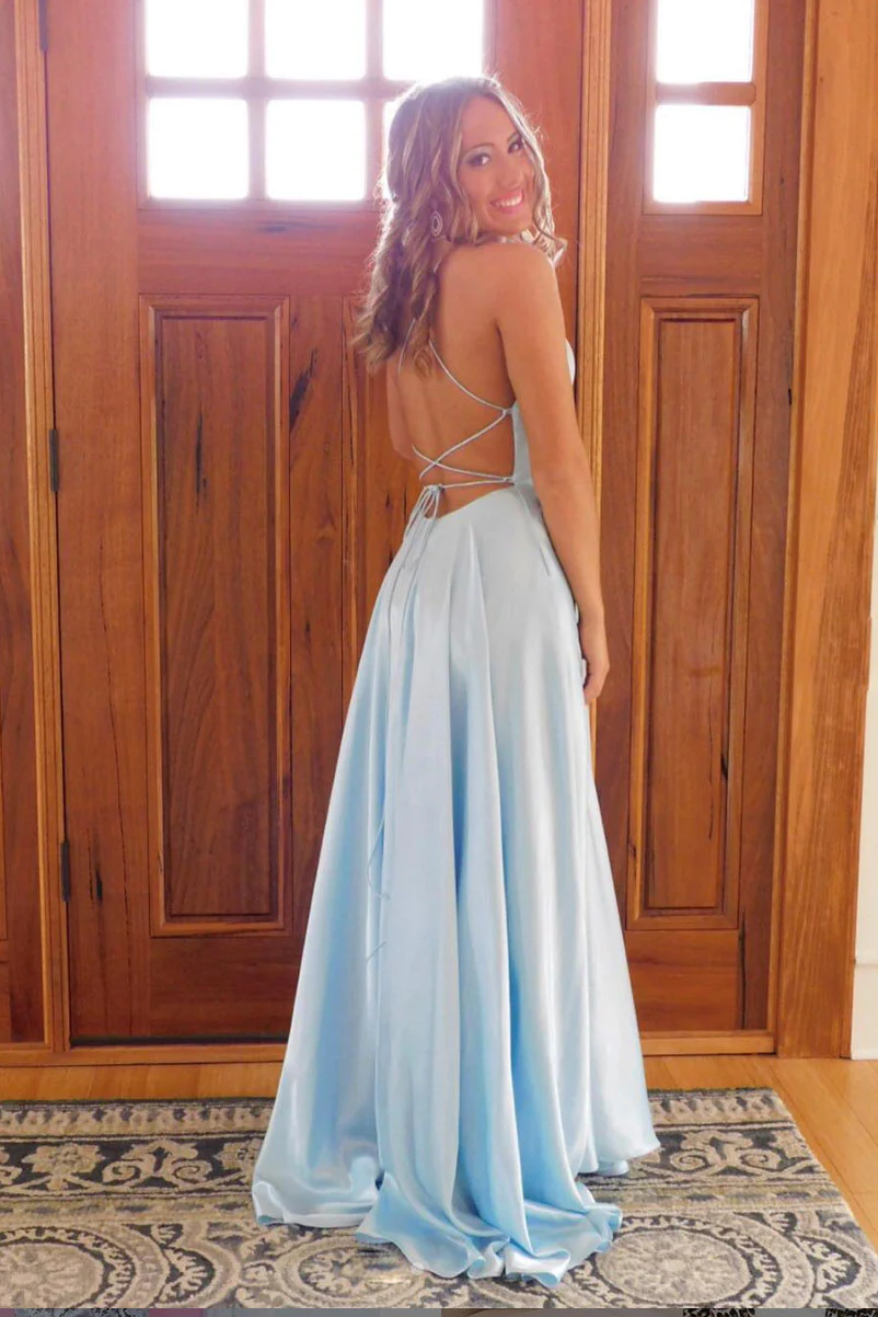Simple blue satin long prom dress, blue long evening dress fg4854