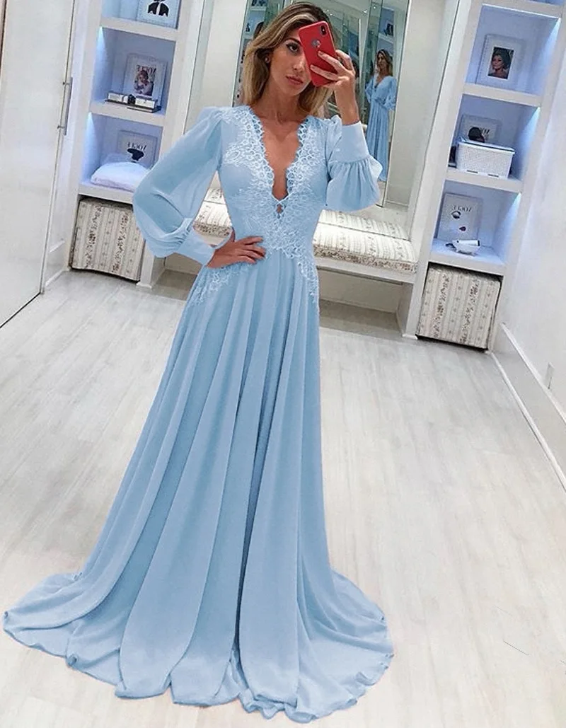 Blue Chiffon Prom Dress , Long Sleeves Prom Dress cg15525