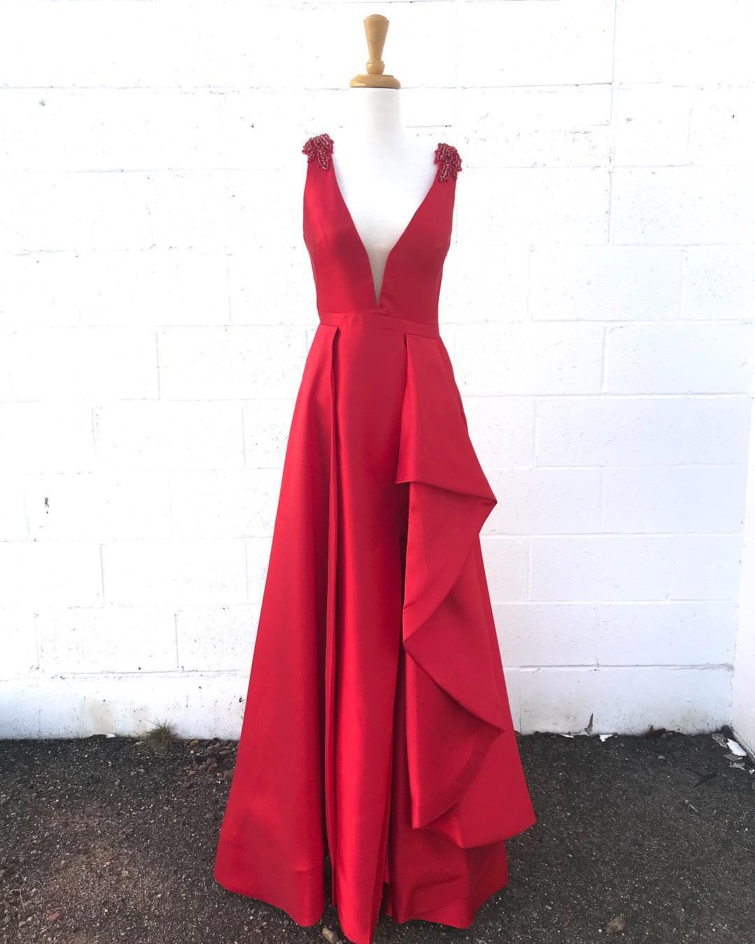 Charming V neck Red Satin Evening Dress, A Line Floor Length Prom Dress cg5983