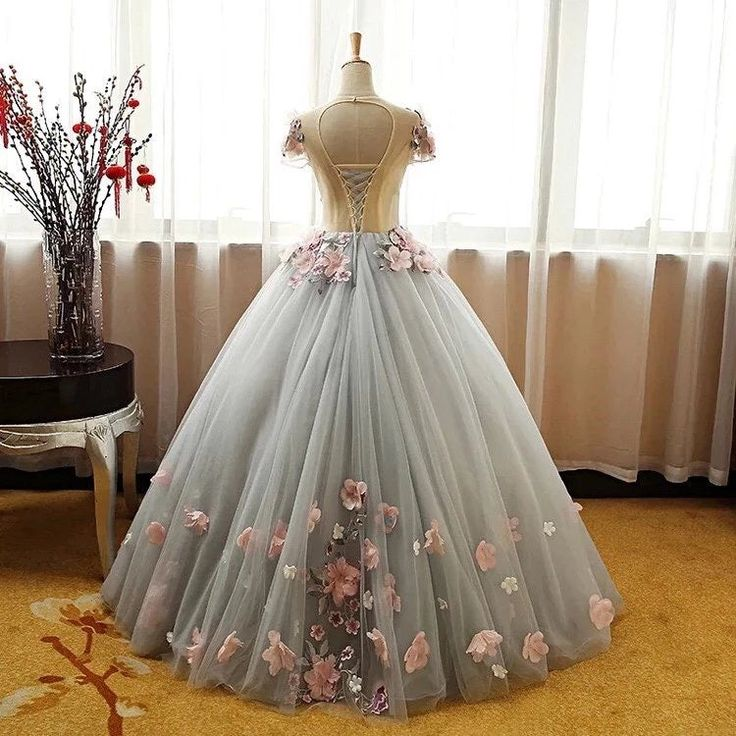 Grey Ball Gown 3D Flowers Princess Party Gown, Sweet 16 Formal prom Dress cg23031