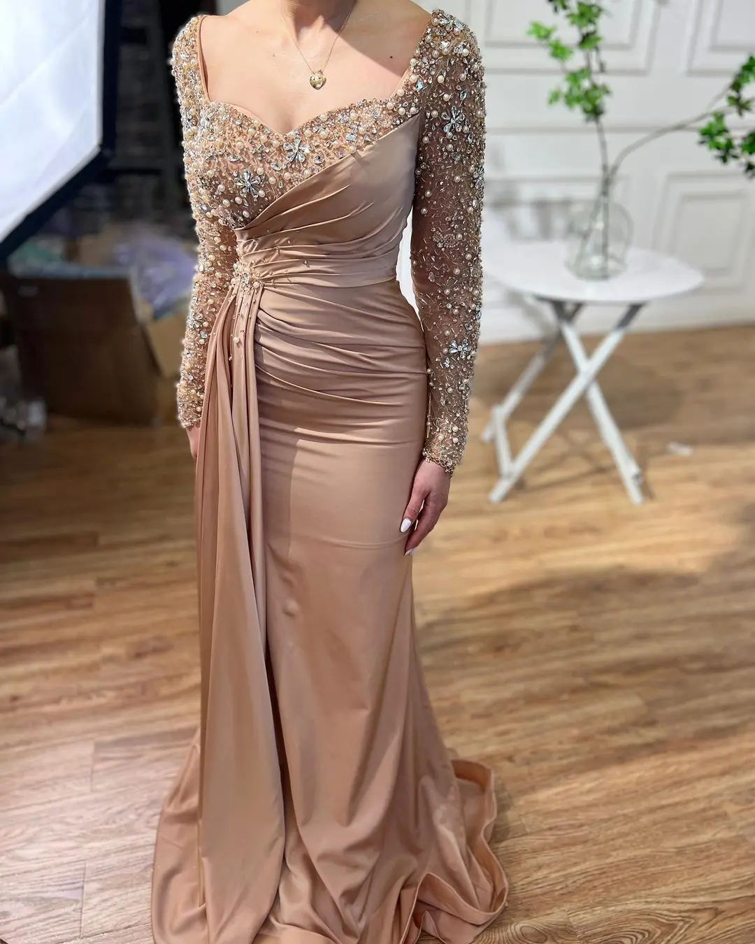 Beautiful Long Mermaid Beading Prom Dresses With Long Sleeves fg4098