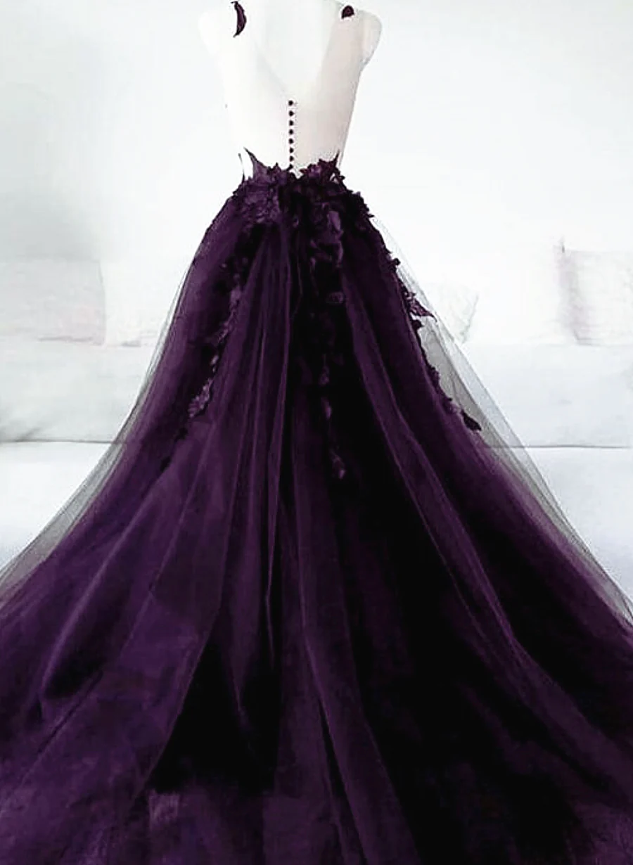 Dark Purple Tulle With Lace Applique Long Wedding Party Dress, Purple Formal Dress fg4935