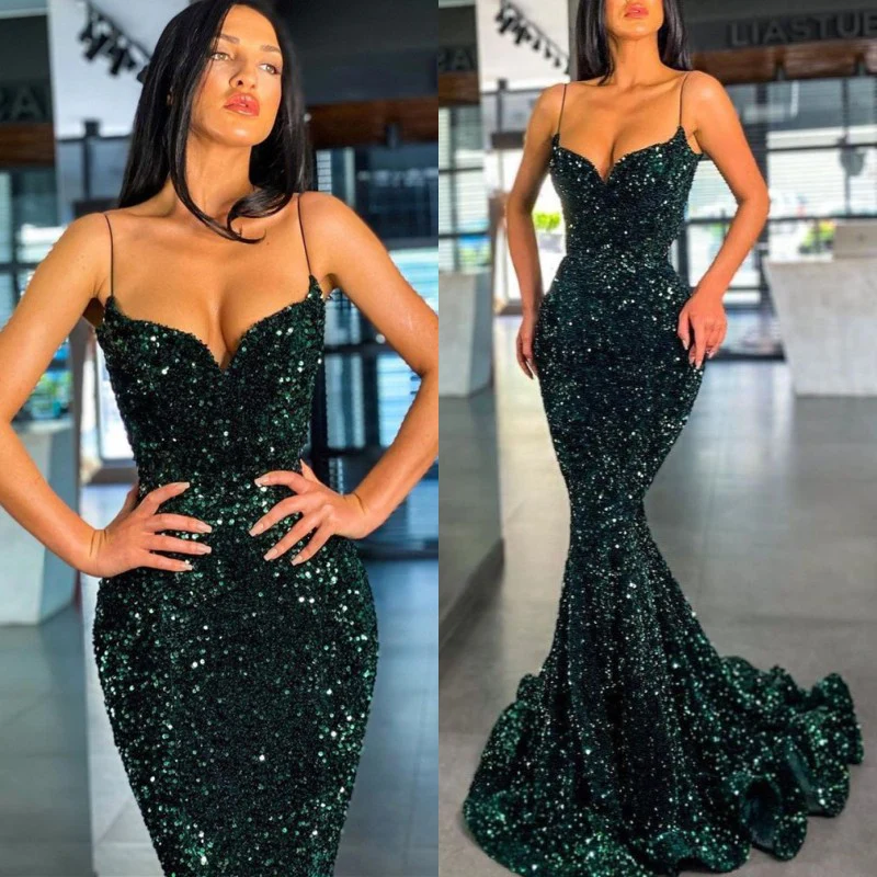 Spaghetti-Straps Dark green Mermaid Prom Dress Long fg3205