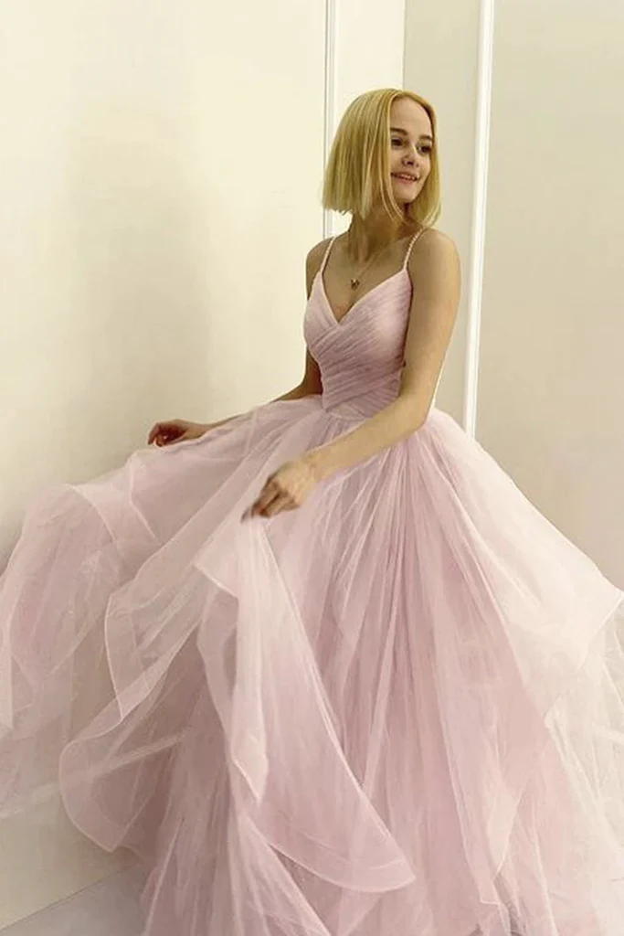A Line V Neck Pink Tulle Long Prom Dresses, A Line V Neck Pink Tulle Long Formal Evening Dresses fg4139