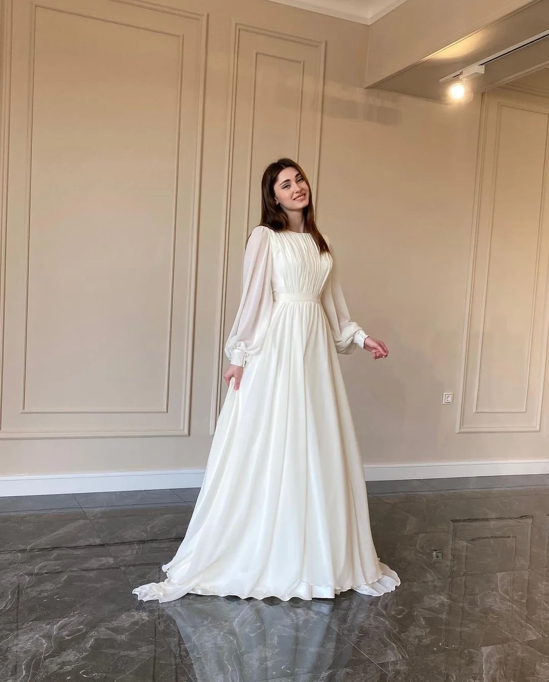 Women Elegant Pleated Lantern Sleeve Round Neck Maxi Dress Fashion Long Sleeve Party Evening Dress fg5902