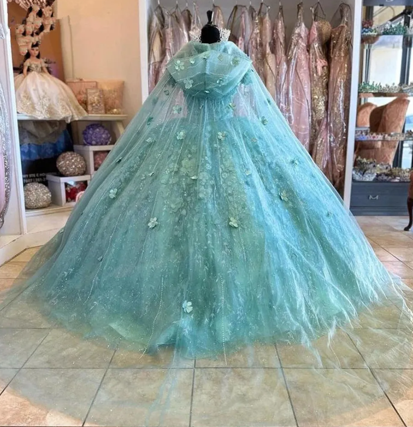 Mint Green Quinceanera Dresses with cape Floral Appliques Lace-up Back Corset prom Sweet 15 Girls Birthday Party dress fg4290