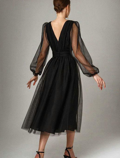 Unique Black Tulle Long Sleeves Prom Dress cg10005