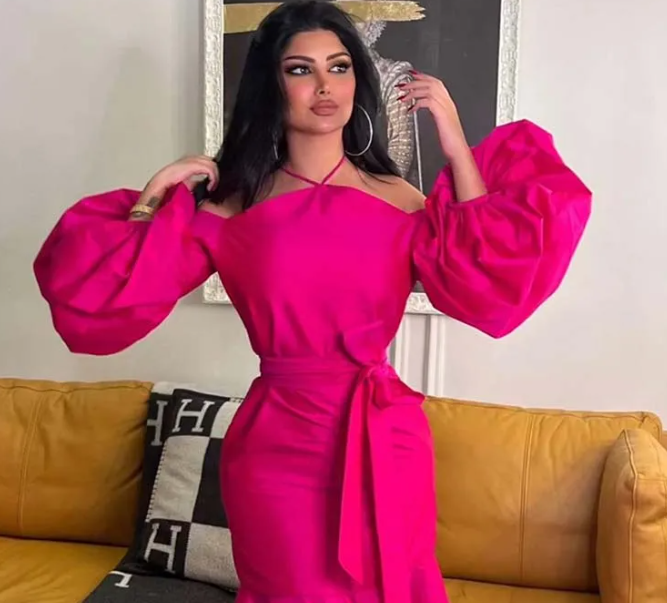 Hot Pink Halter Prom Belt Puff Sleeve Midi Party Dress Elegant Dubai Evening Dresses fg5903