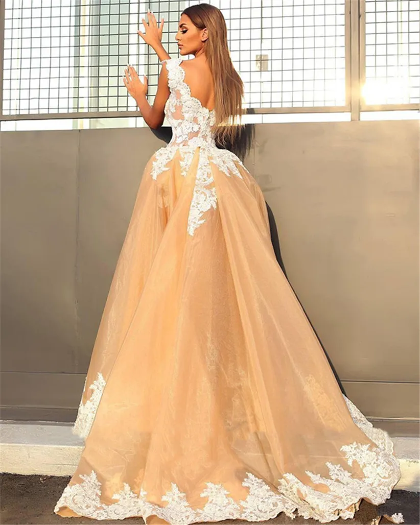 A-Line/Princess Sleeveless V-neck Sweep/Brush Train Lace Organza prom Dresses cg6738
