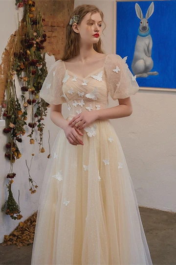 Champagne and White Butterfly Party Dress Bridesmaid Dress fg5004