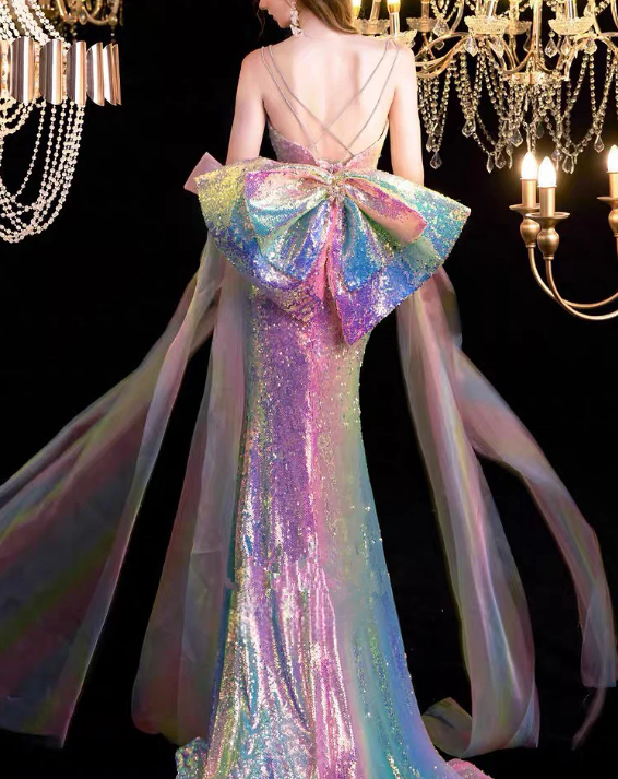 Women's Glitter Mermaid Prom Dresses, Spaghetti Strap Bow, Pearls Ribbon, Long Sexy Shiny Formal Occasion Dress fg4614