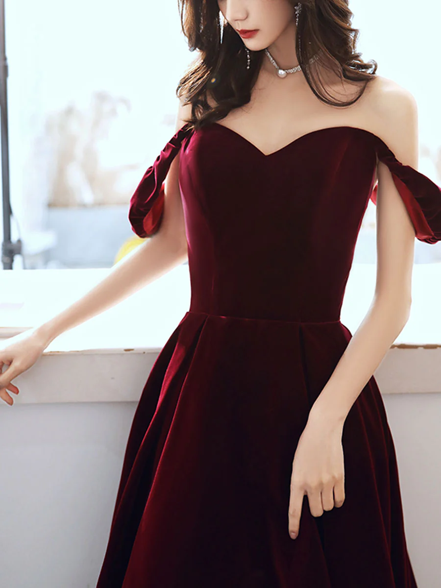 Simple Velvet Tea Length Prom Dresses, Burgundy Velvet Evening Dresses fg5033