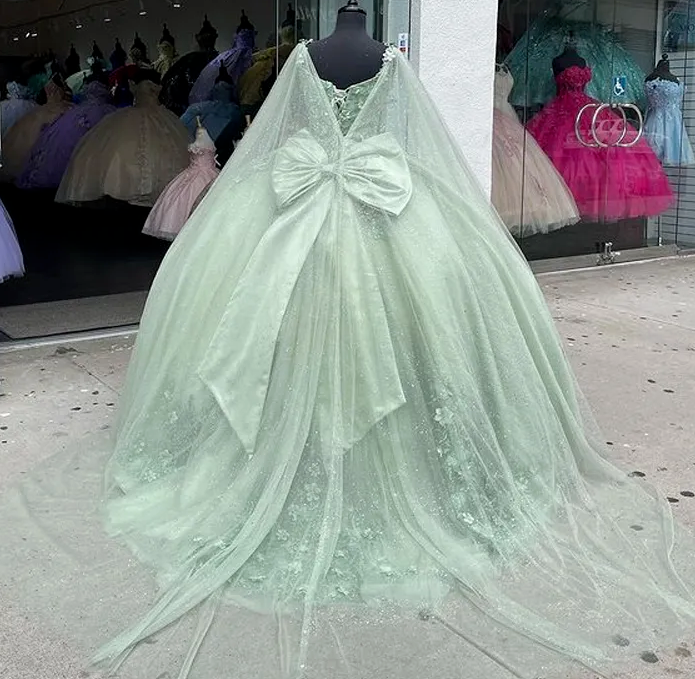 Sage Green Shiny Sweetheart Quinceanera Dresses With Cape Sweet 16 Dresses Ball Gown Applique Tulle Birthday Gowns fg4540