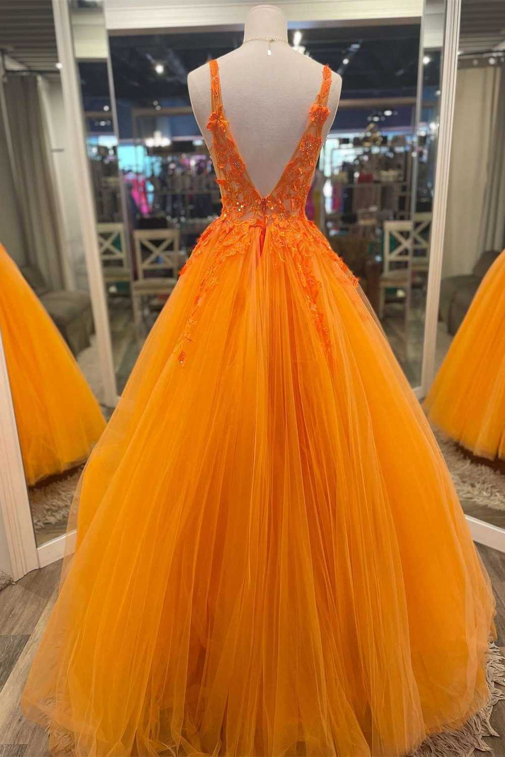 Gorgeous Orange V-Neck Floral Tulle Long Prom Dress fg3198