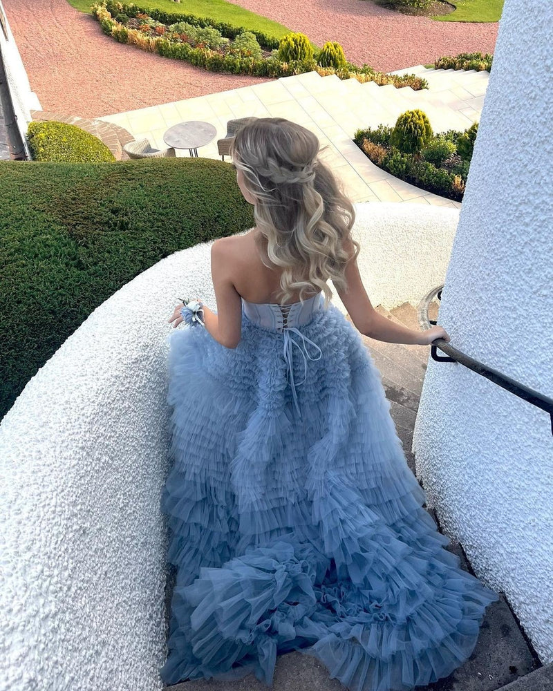 Light blue gorgeous A-line sweetheart layered ruffle tulle long ball gown evening dress gh2685