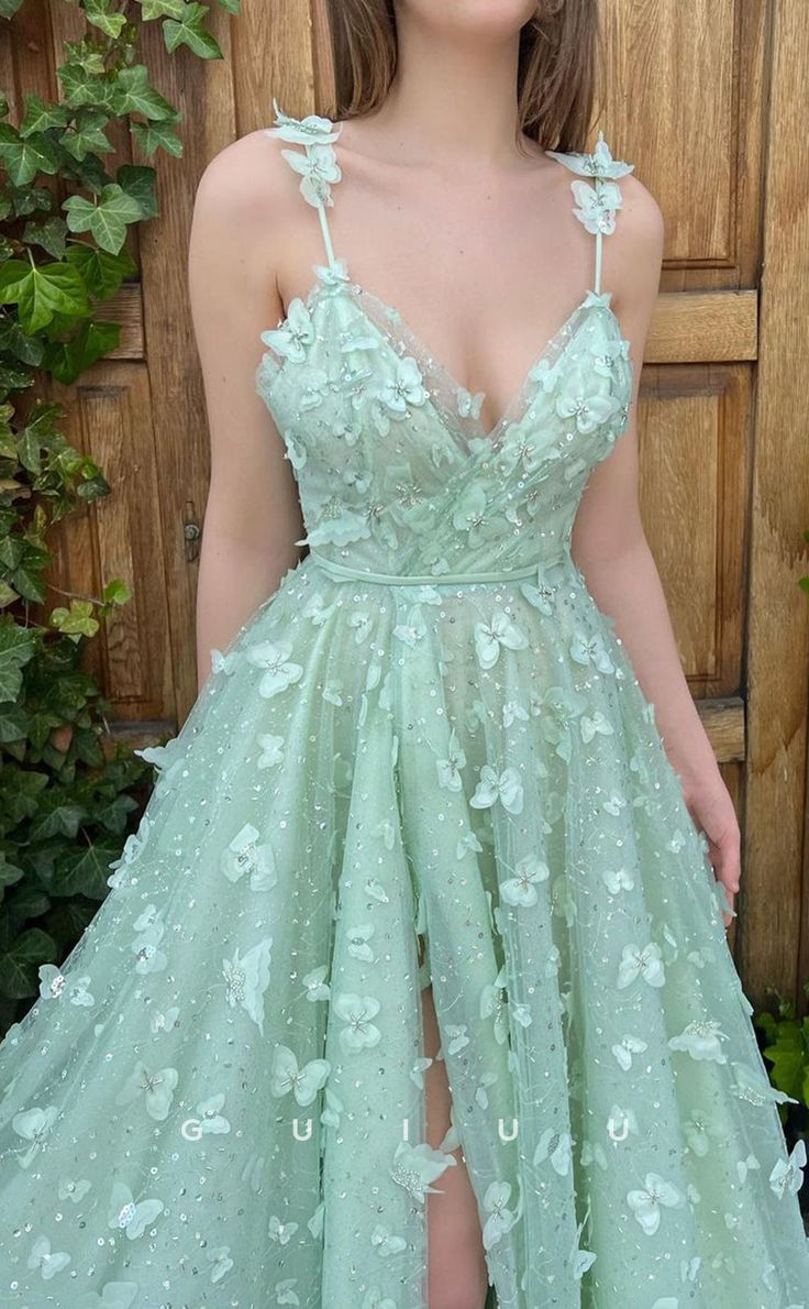 Elegant A-Line V-Neck Floral Embossed Tulle Long Prom Evening Dress gh2749