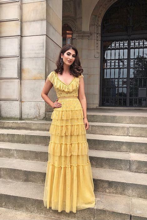 Yellow fashion unique ruffled V neck long floor length tulle ball gown evening dress gh2786