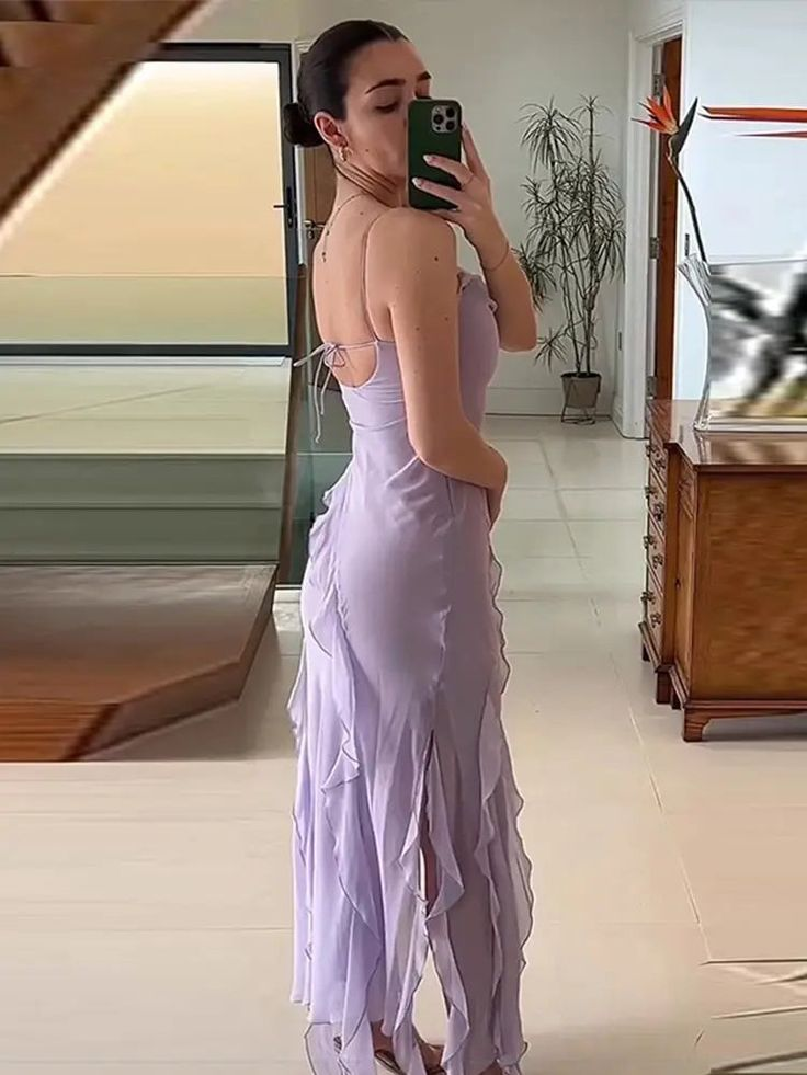 Spaghetti straps purple tassel prom dress with split gh2736