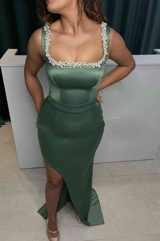 Beaded Green Long Prom Dresses Satin Long Prom Dress gh2973