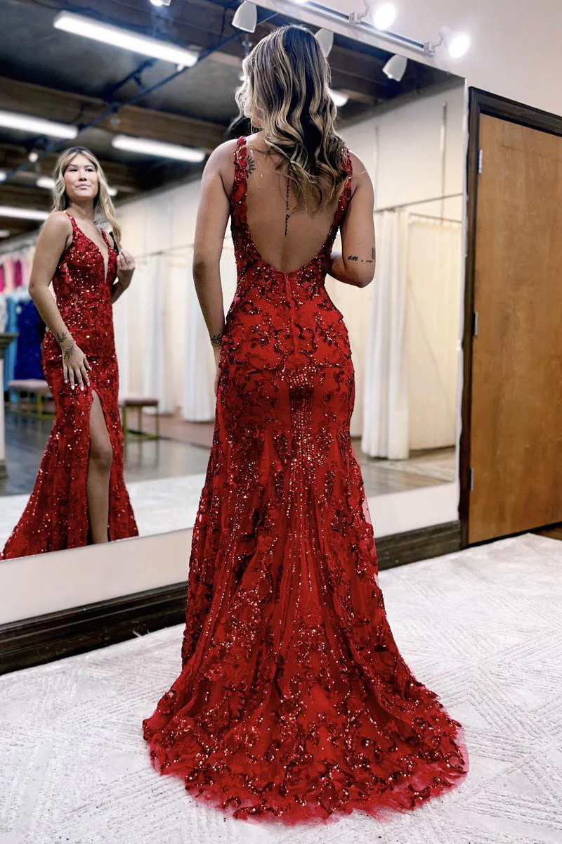 Mermaid V Neck Sequined Lace Prom Dress with Slit gh2677