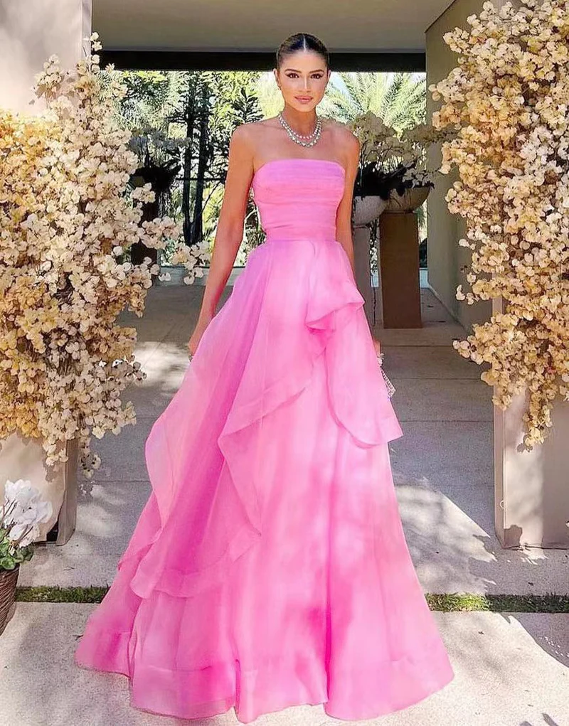 Light pink A-line off-shoulder long ruffled elegant tulle ball gown evening dress gh2684