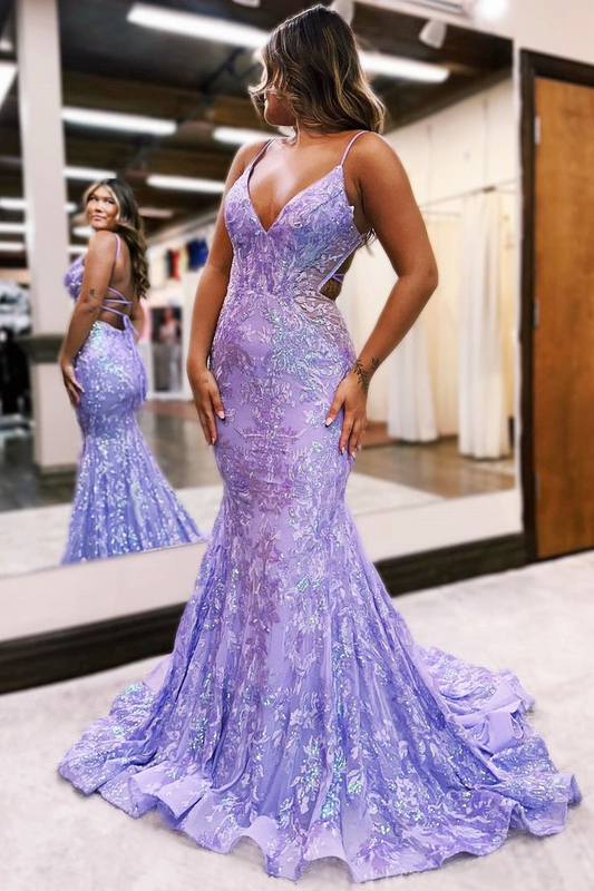 Lilac Sequin Lace V-Neck Long Prom Dress gh2966