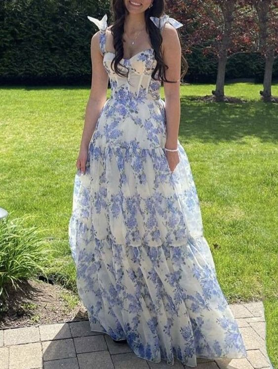 Blue Floral Print Spaghetti Straps Prom Dress gh2792