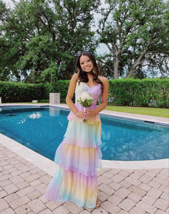 Spaghetti straps layered rainbow prom dress gh2898