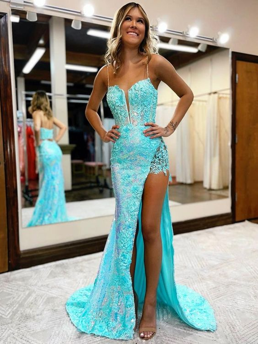 Mermaid / Trumpet Prom Dresses High Split Dress Formal Court Train Sleeveless V Neck Sequined with Slit Appliques gh2943