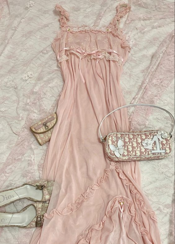 Pink Sweet Elegant Cute Lace Strap Ruffle A-Line Long chiffon prom dress Evening Dress gh2937