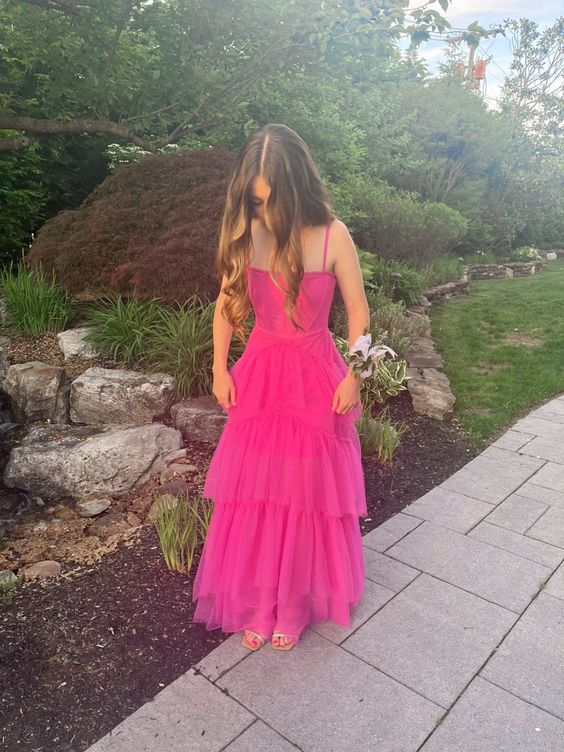 Spaghetti Straps Hot Pink Senior Tulle Prom Dress gh2812