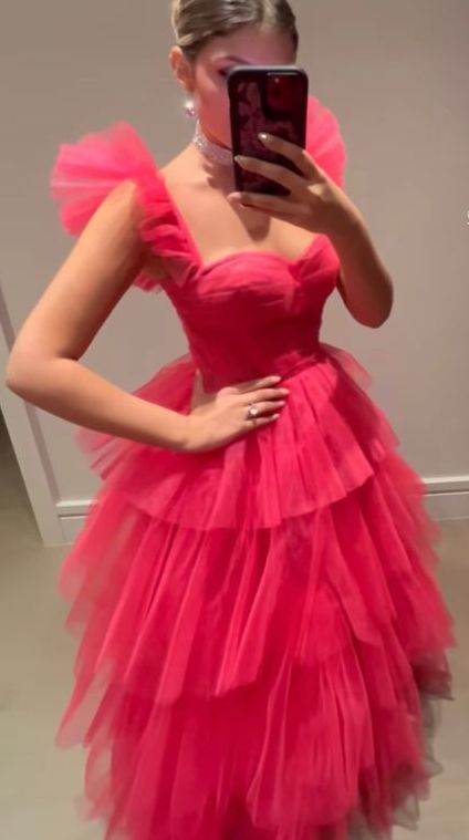 Pink elegant cute A-line long tiered ball gown fashionable evening dress gh2813