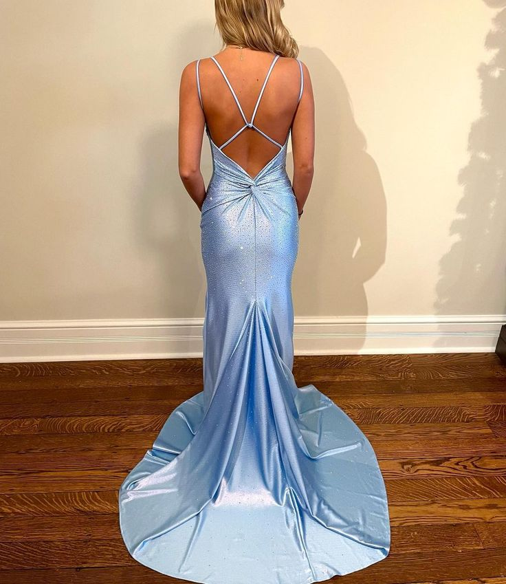 Cute Mermaid V Neck Light Blue Satin Prom Dresses with Beading gh2978