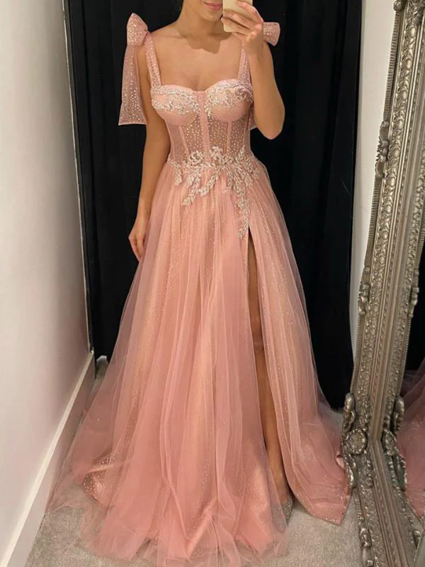 Aline Pink Modest Sleeveless Long Prom Dresses, Evening Dress With Split gh2641