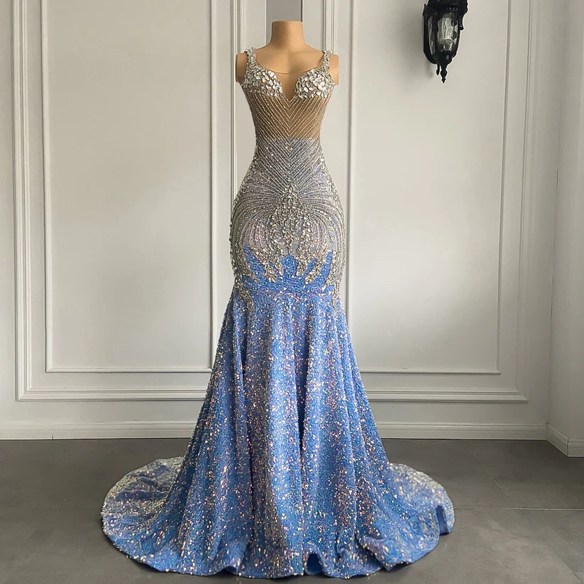 Light blue luxury gorgeous sparkling exquisite beading long floor-length ball gown mermaid slim silver crystal evening dress gh2656