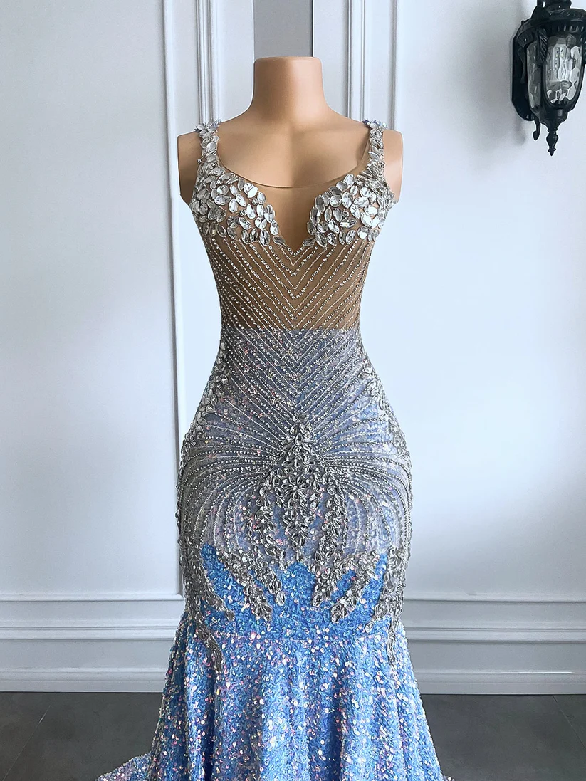 Light blue luxury gorgeous sparkling exquisite beading long floor-length ball gown mermaid slim silver crystal evening dress gh2656