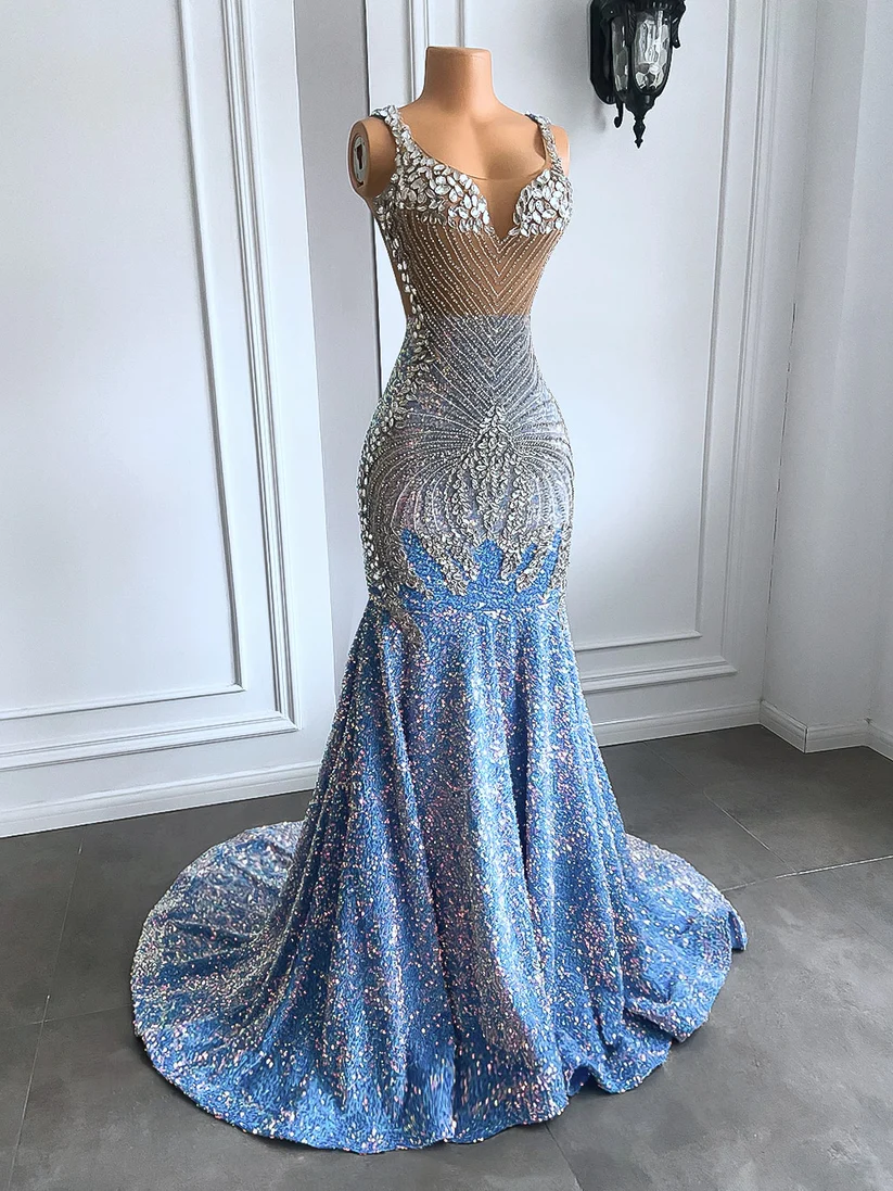 Light blue luxury gorgeous sparkling exquisite beading long floor-length ball gown mermaid slim silver crystal evening dress gh2656