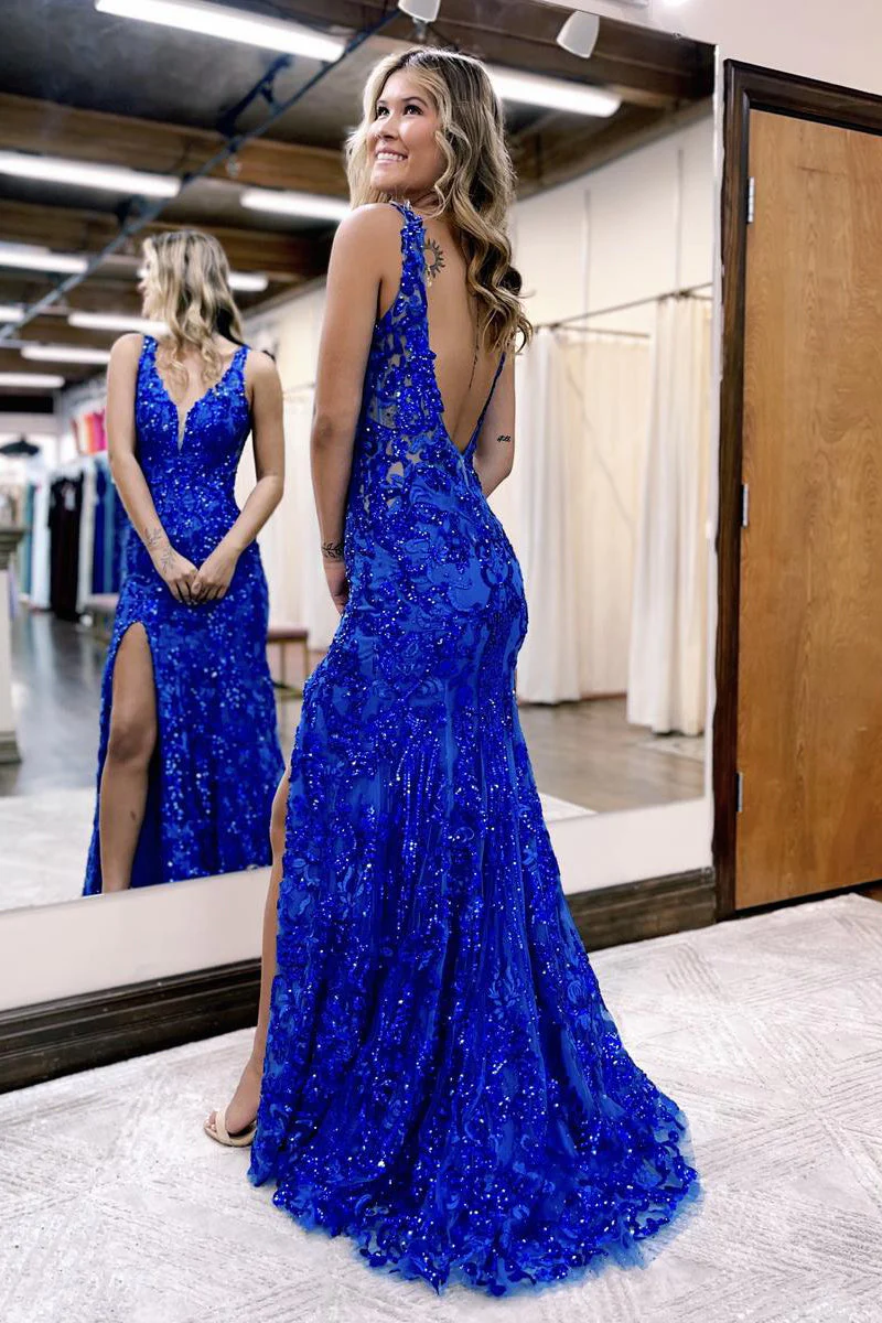 Mermaid V Neck Sequined Lace Prom Dress with Slit gh2677