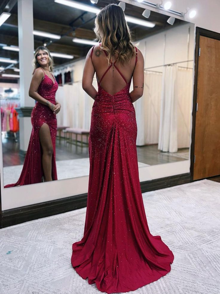 Red mermaid with slits V neck glitter long ball gown evening legislative queue dress gh2663