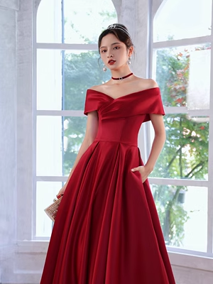 Simple A line Strapless Satin Red Long Prom Dress P561