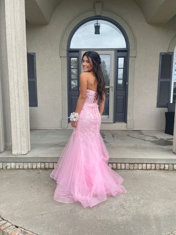 Pink strapless exquisite applique mermaid long tulle ball gown evening dress gh3002